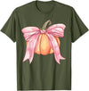 Coquette Halloween Tees NYC Coquette Autumn Pumpkin Pink Bow Girly Halloween Fall Women T-Shirt - Olive Green