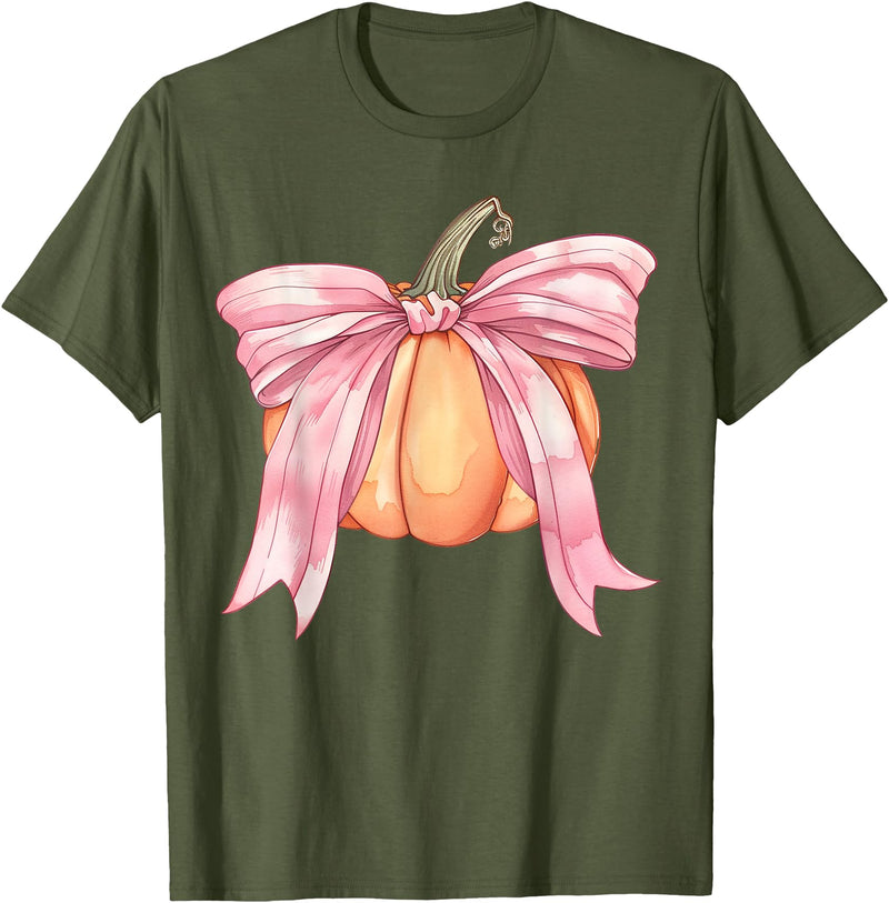 Coquette Halloween Tees NYC Coquette Autumn Pumpkin Pink Bow Girly Halloween Fall Women T-Shirt - Olive Green