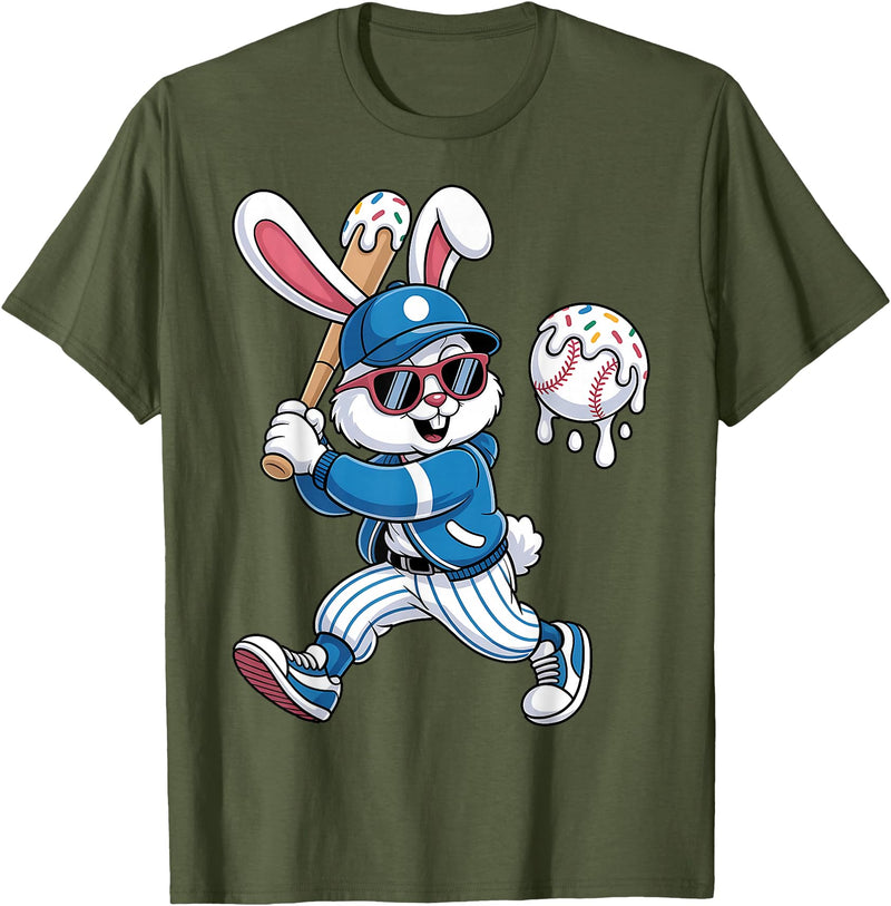 Funny Baseball Drip Rabbit Bunny Easter Men Boys Kids T-Shirt in Olive Green