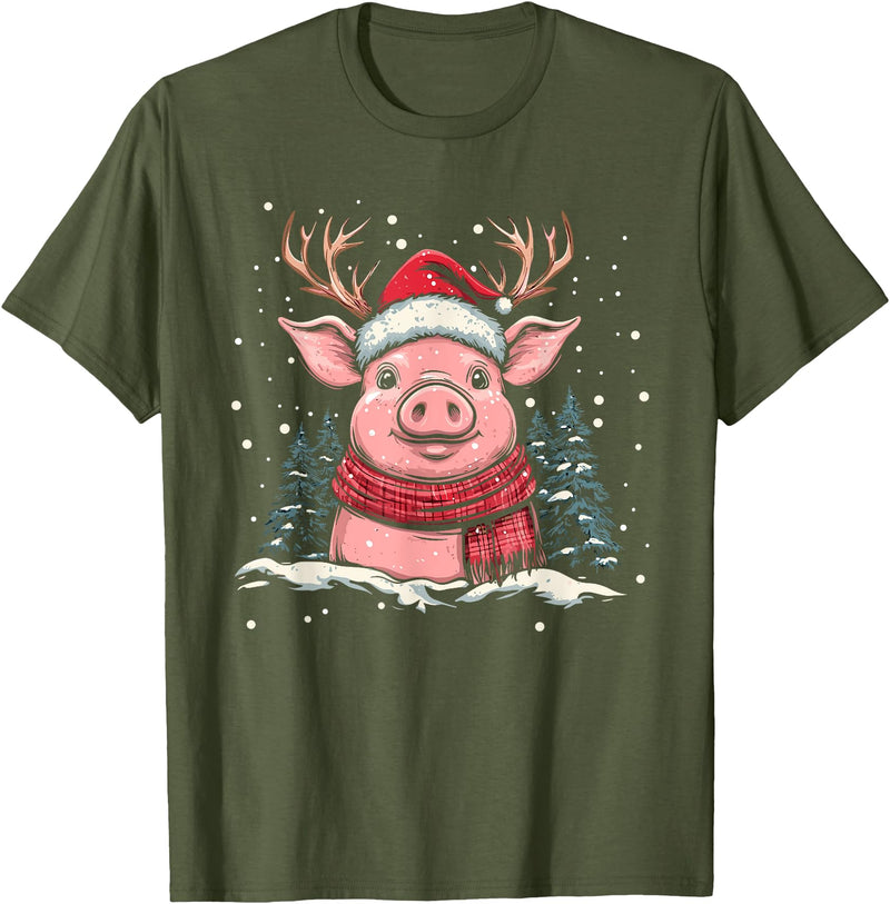 Funny Pig Christmas Outfit Pig Reindeer Santa Hat Christmas Xmas T-Shirt - Olive Green