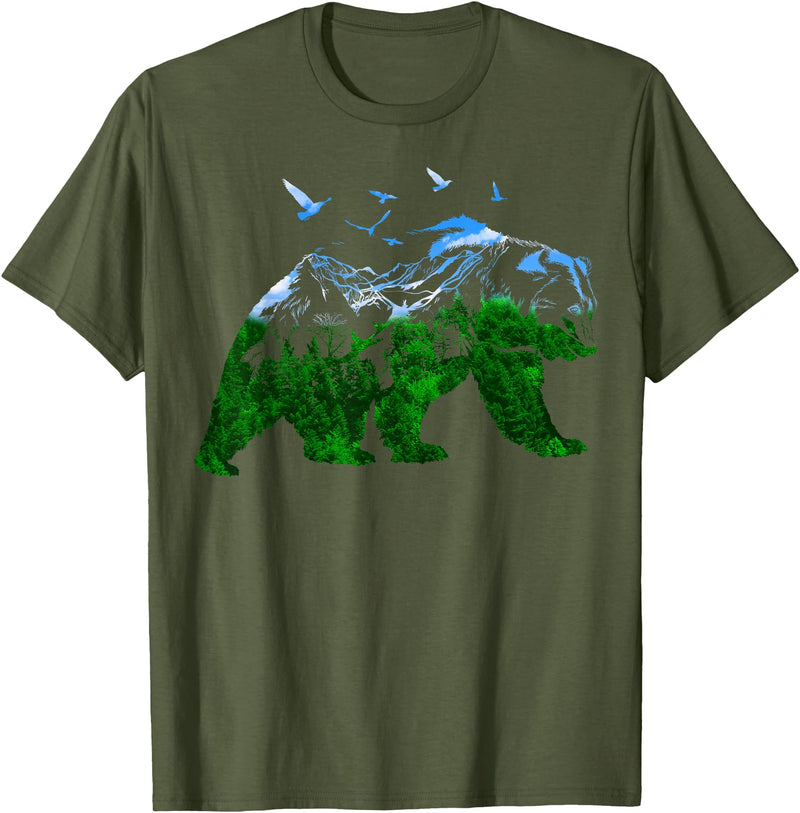 Nature Forest Trees Mountains Bear Wildlife Shirts Bear Nature Outdoor Mountains Forest Trees Bear Wildlife T-Shirt - Olive Green