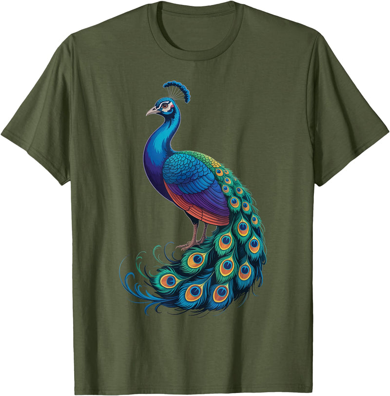 Peacock Peafowl Colorful Bird Peacock Illustration T-Shirt - Olive Green