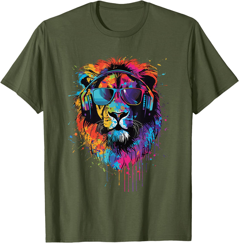 Lion Sunglasses Headphones Design Lion Sunglasses Headphones T-Shirt - Olive Green