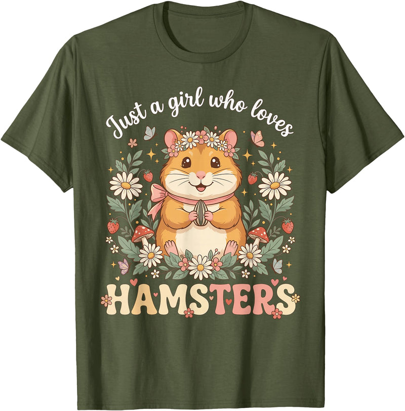Just a Girl Who Loves Hamsters Cute Floral Pet Aesthetic T-Shirt - Olive Green