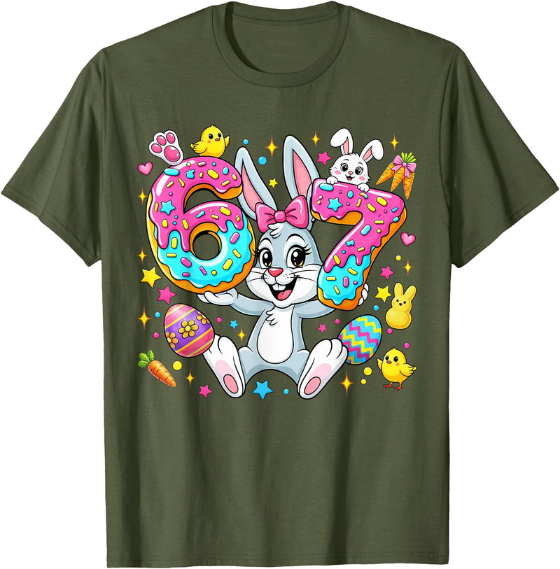 67 Six Seven Meme 6 7 Cute Rabbit Bunny Easter Day Girl Kids T-Shirt in Olive Green