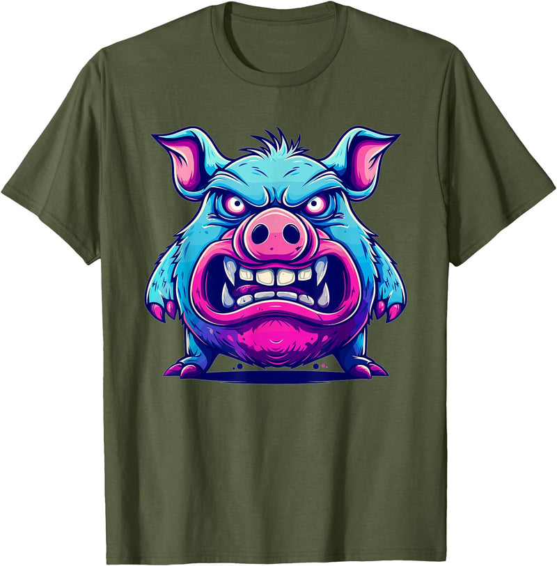 Cartoon Pig Art I Kids Pig Angry Pig I Colorful Pig T-Shirt - Olive Green