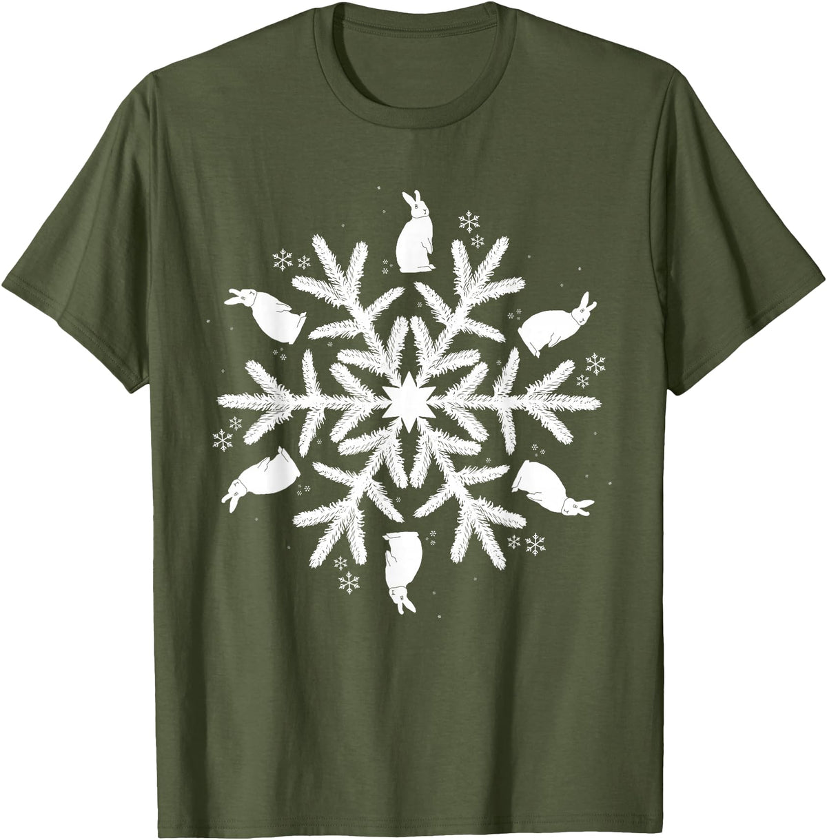 Snowflake Christmas Rabbit T-Shirt in Olive Green
