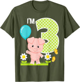 Cute Piglets Pig Barn Farm Birthday Party Supplies Pig 3rd Birthday Toddler 3 Year Old Birthday Boy Piglet Bday T-Shirt - Olive Green