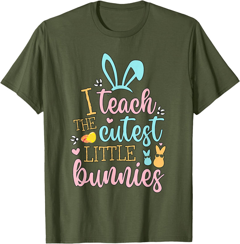 Easter Teacher Bunny Ears Basket Eggs Rabbit Happy Easter T-Shirt in Olive Green