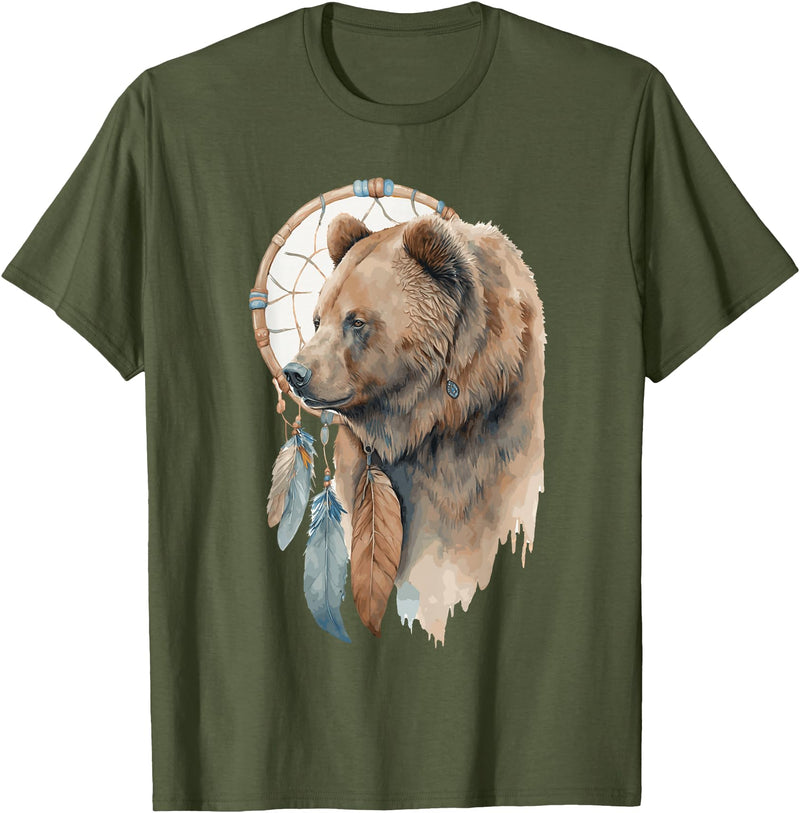 More Tribal Native American Totem Animal Art Bear Tribal Watercolor Bear Dream Catcher T-Shirt - Olive Green