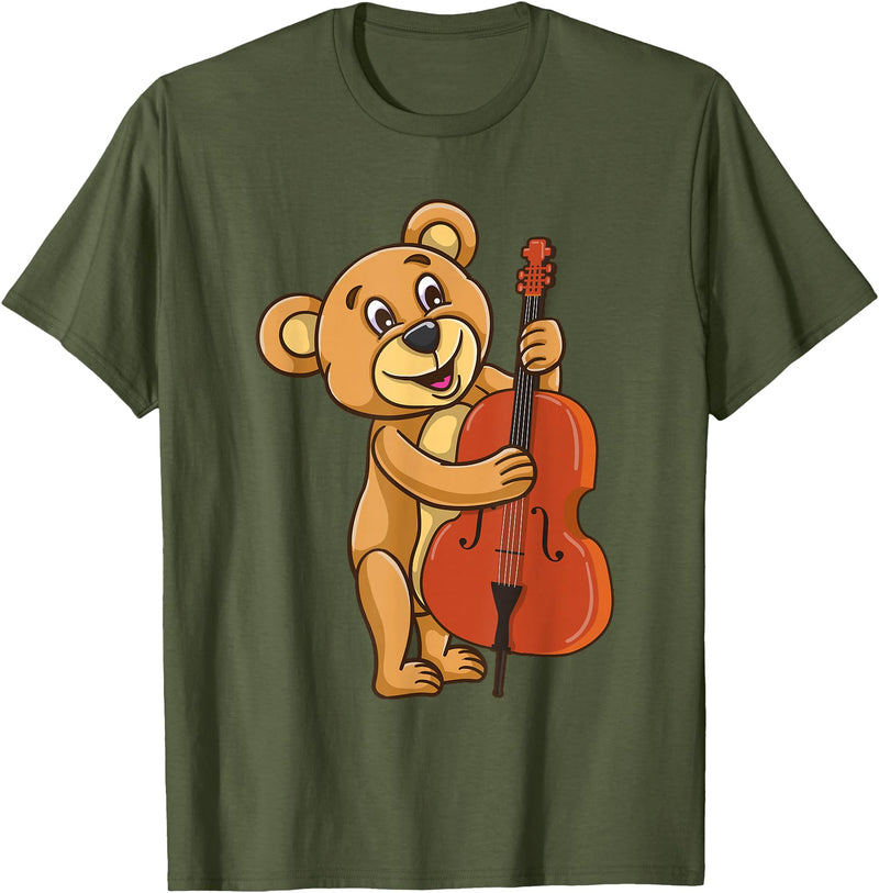 Teddy Bear Playing Cello T-Shirt - Olive Green