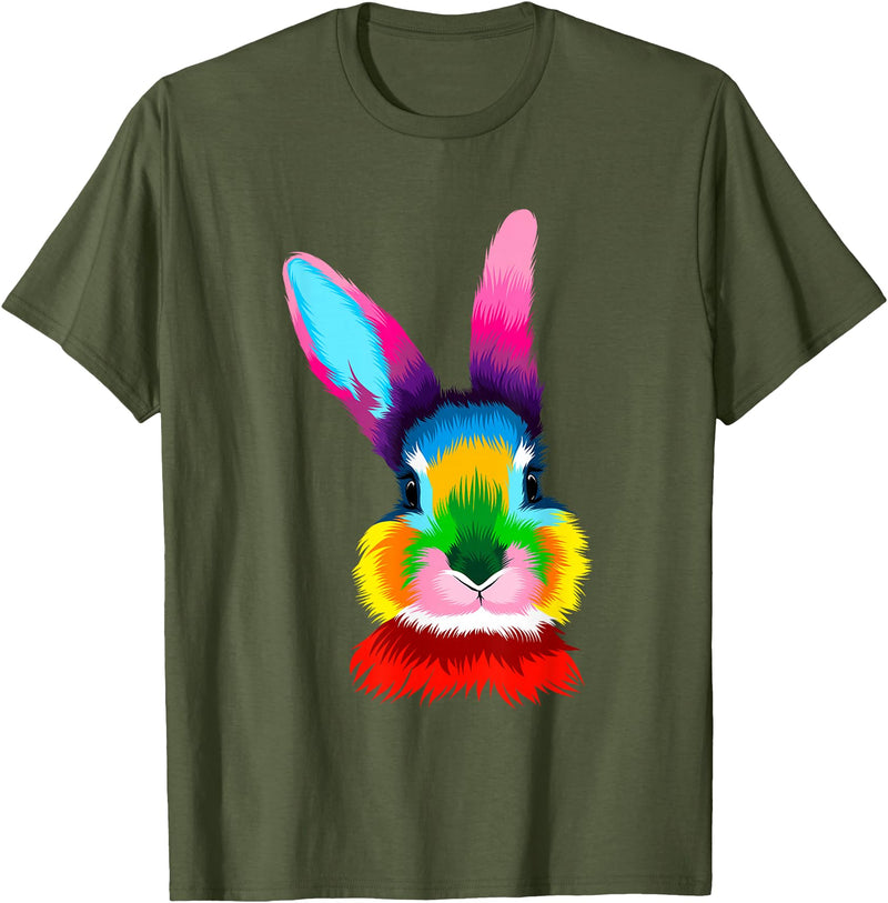 Colorful Rabbit Head Safari Animal Art Wildlife T-Shirt in Olive Green