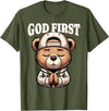 Christian Hip Hop Hustle Praying Teddy Bear Design God First Hip Hop Teddy Bear Cross Christian Streetwear Pray T-Shirt - Olive Green