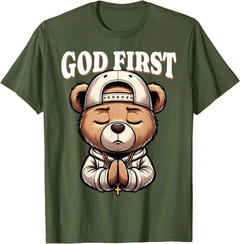 Christian Hip Hop Hustle Praying Teddy Bear Design God First Hip Hop Teddy Bear Cross Christian Streetwear Pray T-Shirt - Olive Green