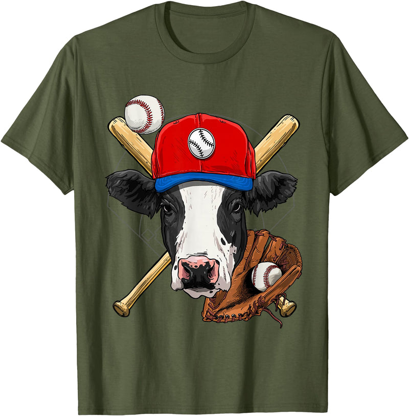 Wowsome! Cow Baseball Cow Lovers Baseball Player T-Shirt - Olive Green
