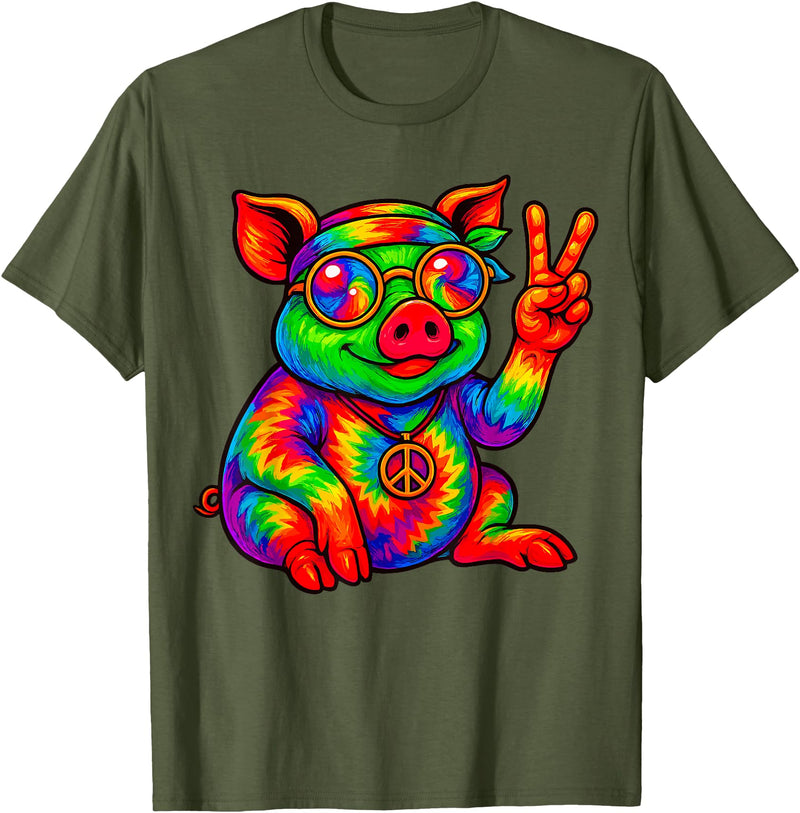 Magical and Funny Pig Gifts Tie-Dye Pig Peace Sign Hippo T-Shirt - Olive Green