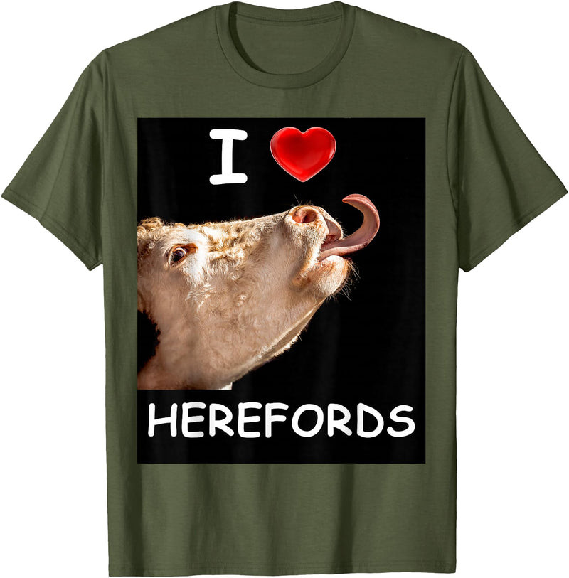WhiteHorseDepot I Love Herefords with Cow Tongue T-Shirt - Olive Green