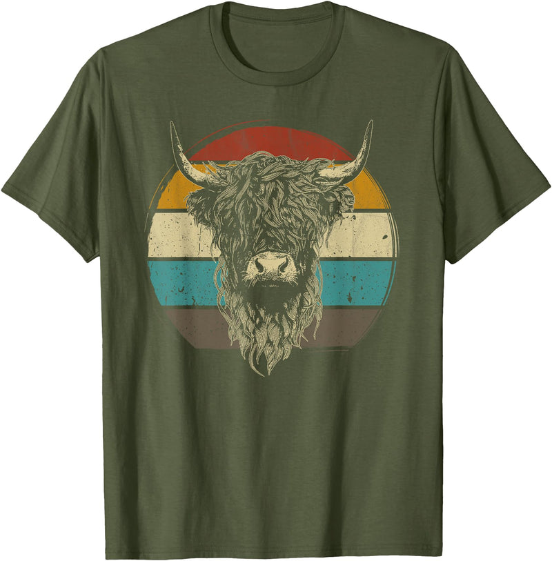 Scottish Highland Cow Lovers men woman kids Scottish Highland Cow Cattle Hairy Cow Retro for Cow Lovers T-Shirt - Olive Green