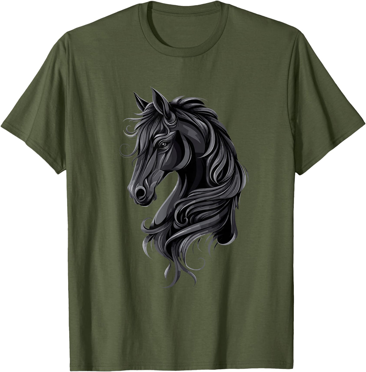 Artful Horse Designs Black Horse Portrait – Friesian Horse T-Shirt - Olive Green