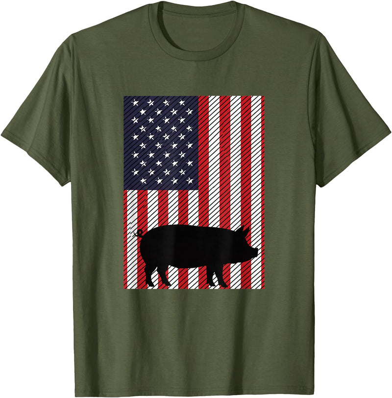 Farm Pig Patriotic United States Flag Kids Animal Patriotic Pig Silhouette American Flag Farm Kids Fourth T-Shirt - Olive Green