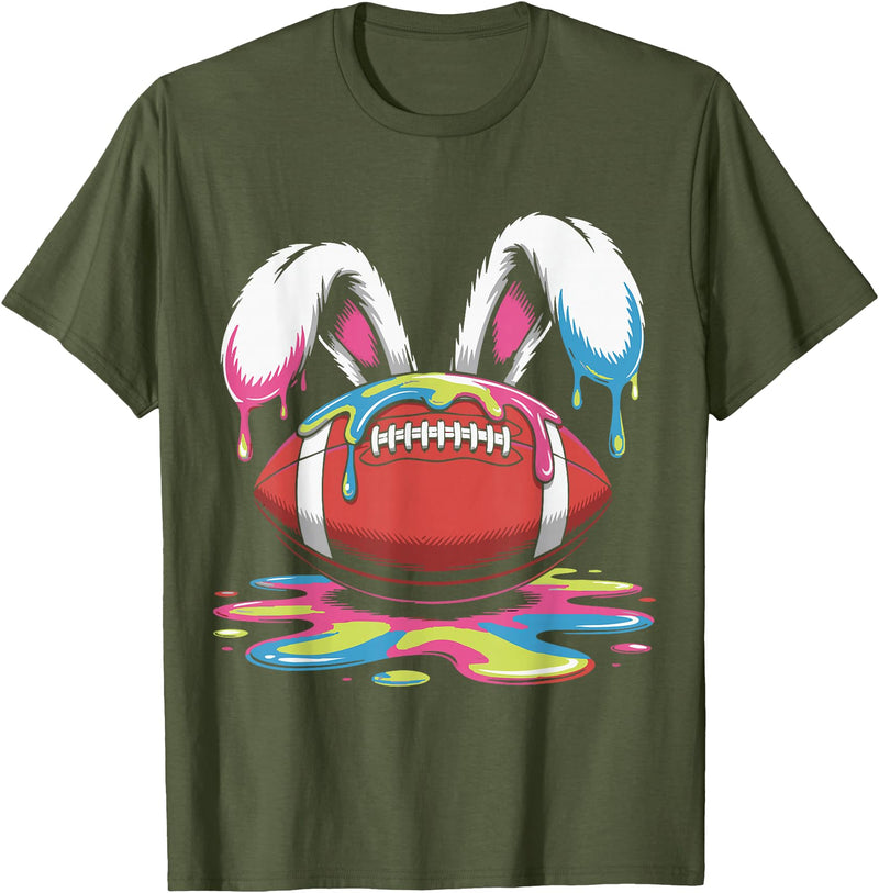 Funny Easter Football Bunny Ears Paint Ice Cream Drip Rabbit T-Shirt in Olive Green