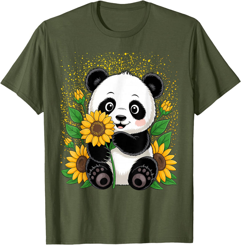 Panda Lover Gift Co. Panda Bear with Sunflowers, Panda Bear T-Shirt - Olive Green