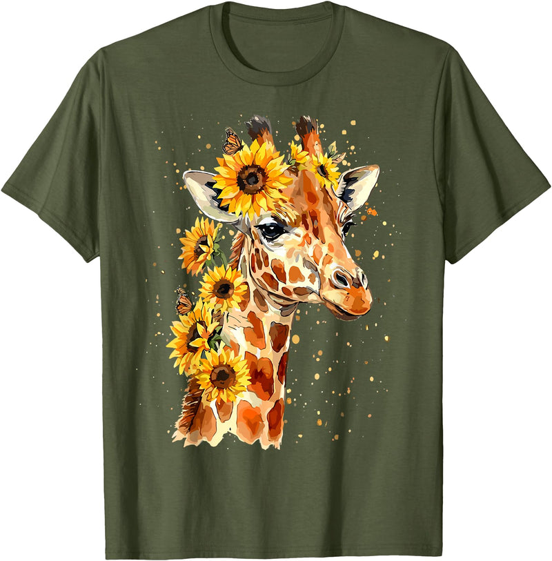 Funny Girl who loves Giraffe Sunflower Giraffe Cute Floral Safari Animal T-Shirt - Olive Green
