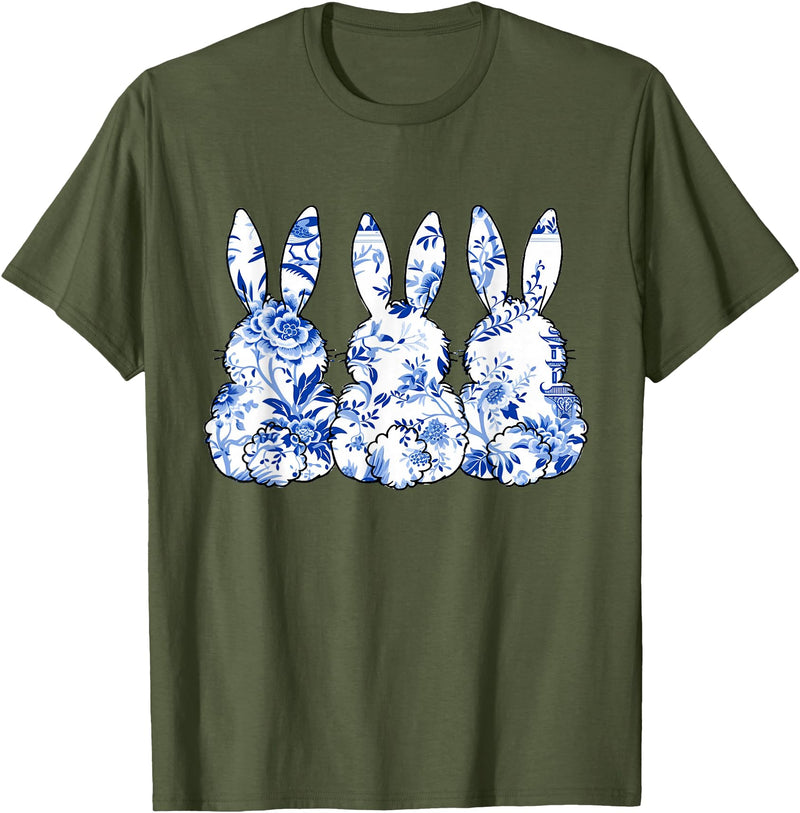 Chinoiserie Bunnies Blue and White Chinoiserie Florals Women T-Shirt in Olive Green