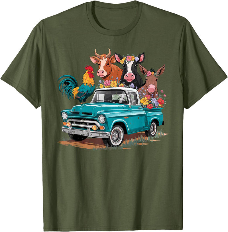Farm Pickup Truck Farm animals Cow Girl Wife Tee Vintage Pickup Truck Farm Animals Rooster, Cow, Pig, Donkey T-Shirt - Olive