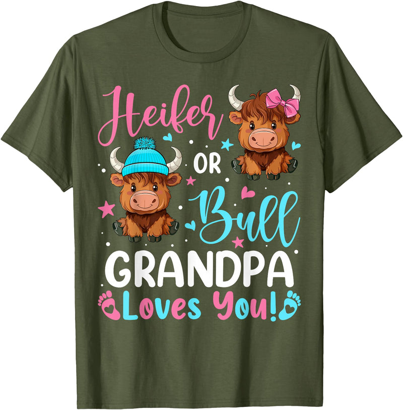 Reveal Party Highland Cow Bull or Heifer Grandpa Loves You Highland Cow Lover T-Shirt - Olive Green