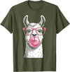 Cute Lama Llama Wearing Glasses Pink Apparel Llama Alpacas Wearing Glasses and Blowing Pink Bubble Gum T-Shirt - Olive Green
