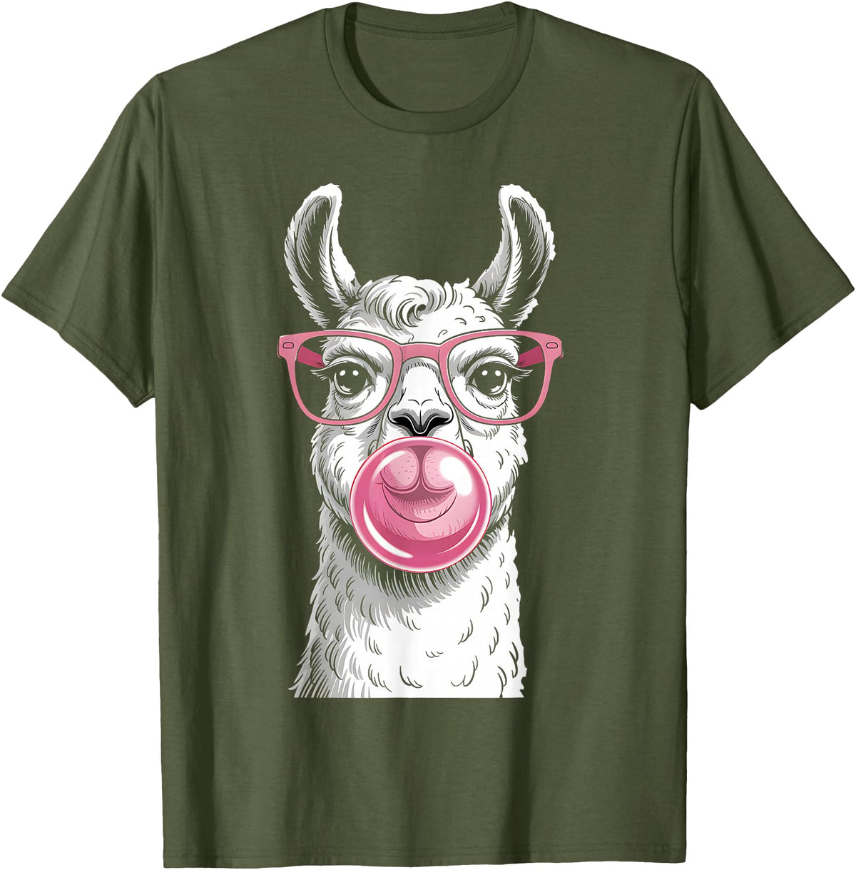 Cute Lama Llama Wearing Glasses Pink Apparel Llama Alpacas Wearing Glasses and Blowing Pink Bubble Gum T-Shirt - Olive Green