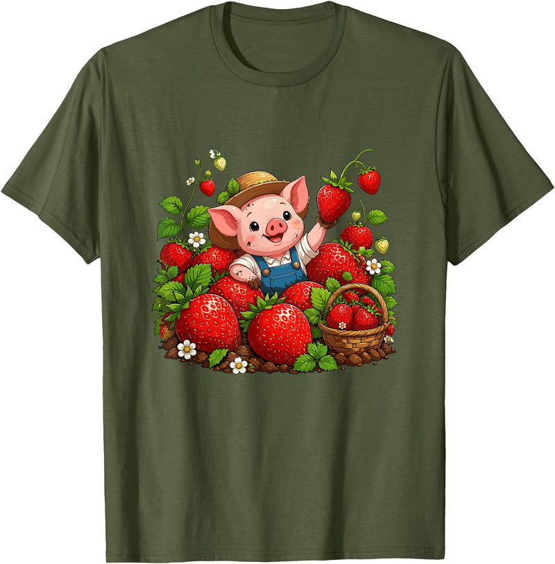 Kawaii Strawberry Piglet Farm Harvest Cute Farmer Pig Strawberry Patch Berry Picking T-Shirt - Olive Green