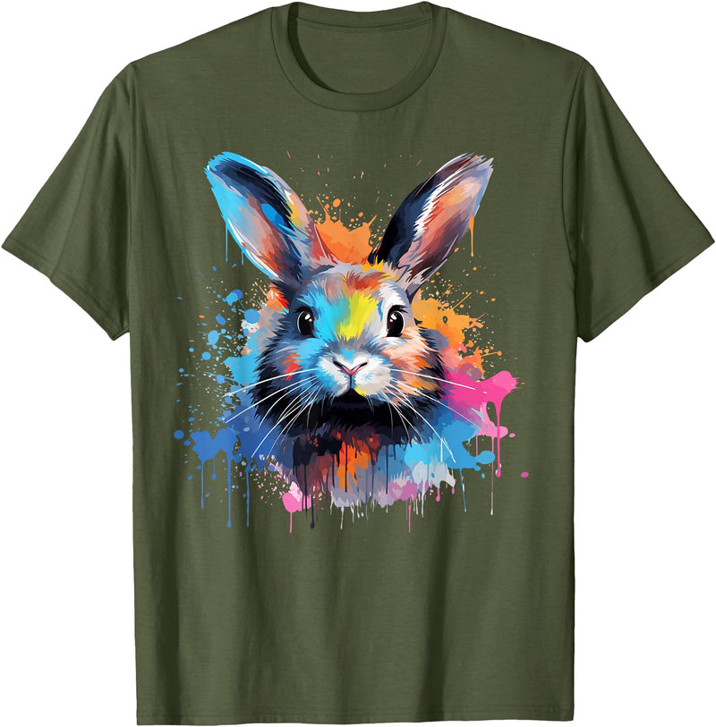 Colorful Cute Netherland Dwarf Rabbit Lover Splash Art T-Shirt in Olive Green