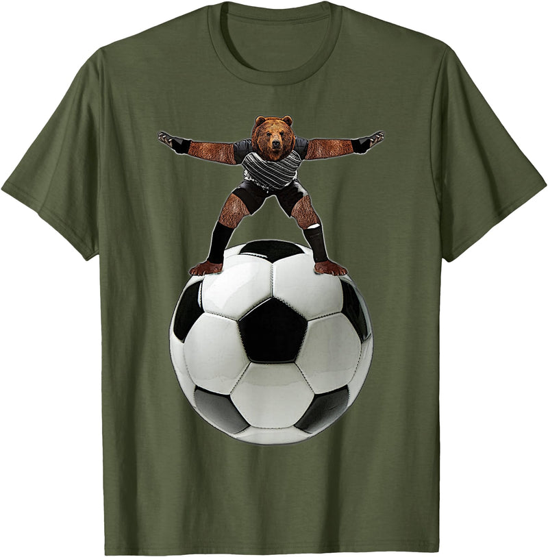 Behrbones Clothing Bear Goalie On Soccer Ball - by Behrbones T-Shirt - Olive Green