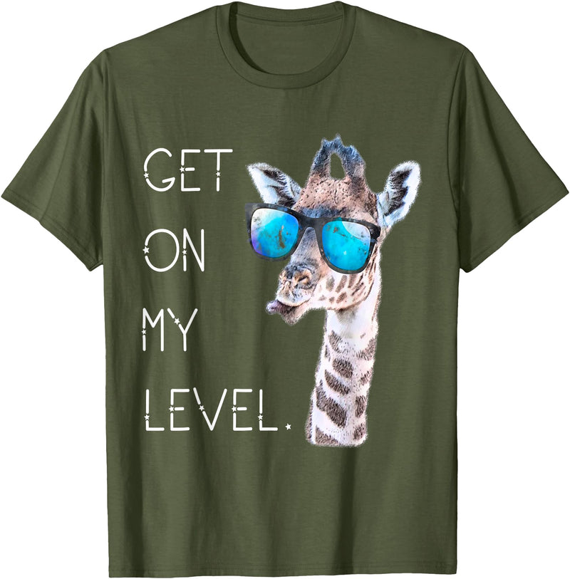 Funny Giraffe Zoo Tall Wildlife Tees & Gifts Get On My Level - Giraffe Glasses Giant Zoo Animal Saying T-Shirt - Olive Green