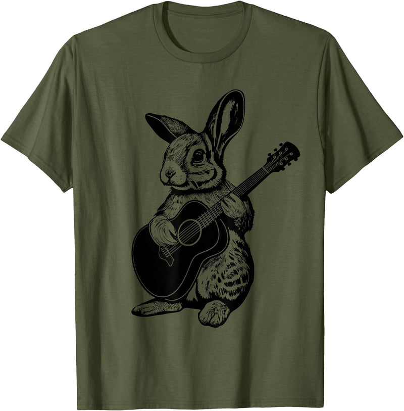 Bunny Playing Acoustic Guitar Easter Rabbit Women, Men, Kids T-Shirt in Olive Green