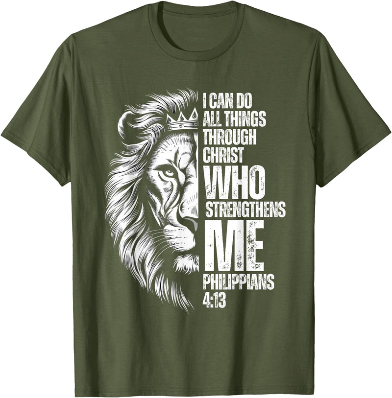 Philippians 4:13 Christian Jesus Lion Father Dad Christian Verse Lion Philippians 4:13 I Can Do All Things T-Shirt - Olive Green