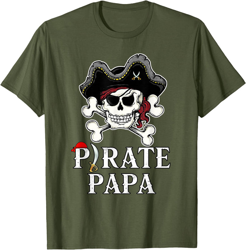 Pirate Family Matching T-Shirts Pirate Papa Costume Jolly Roger Crossbones Funny Pirate Dad T-Shirt - Olive Green