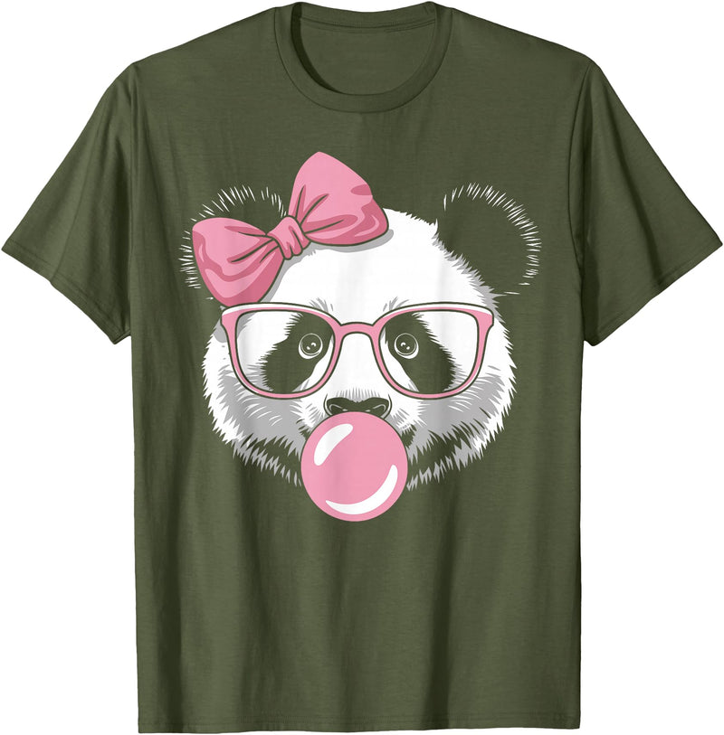 Panda Bear Bubblegum Panda Bear Wearing Glasses and Blowing Pink Bubble Gum T-Shirt - Olive Green