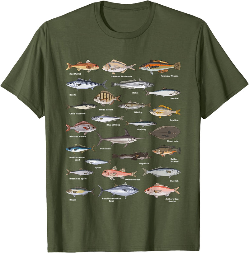 Botanical Chart Apparel Co. Vintage Fish Identification Chart Fishing T-Shirt Small - Olive Green