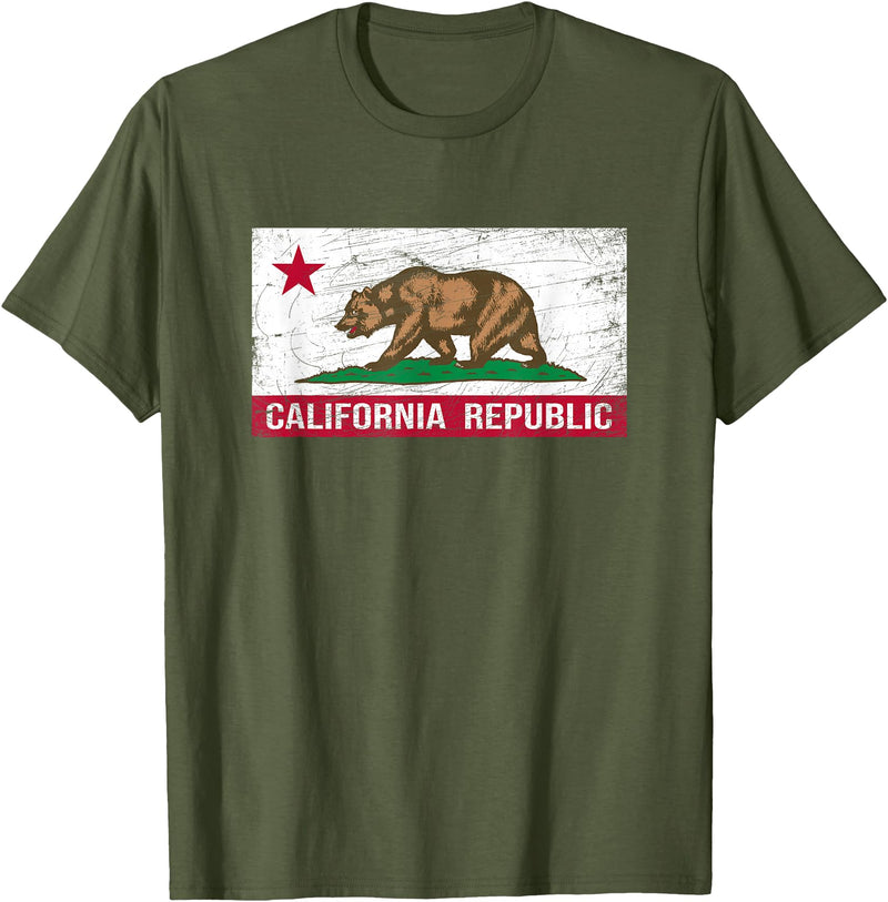 Graphic Club Inc. California Republic Flag - CA - Distressed Design - Classic T-Shirt - Olive Green