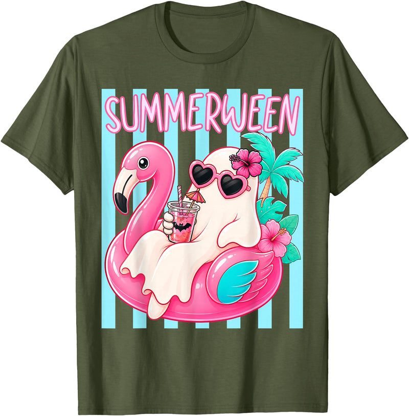 Funny Summerween Ghost Summer Halloween Vacation Summerween Funny Ghost Halloween Summer Floating in Flamingo T-Shirt -