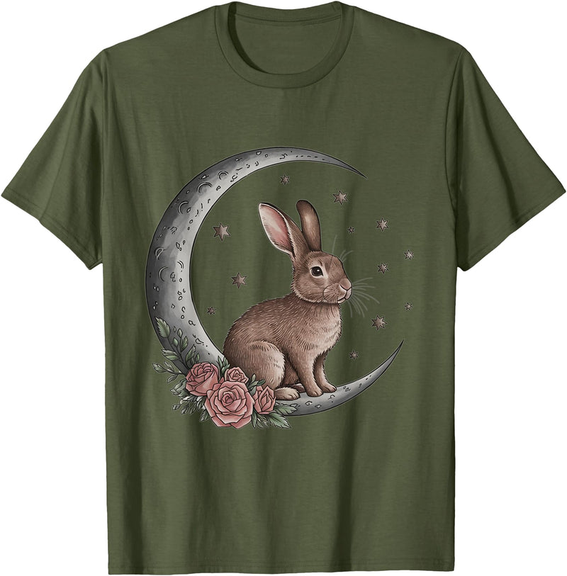 Vintage Bunny on the Moon Cute Goth Easter Rabbit T-Shirt in Olive Green