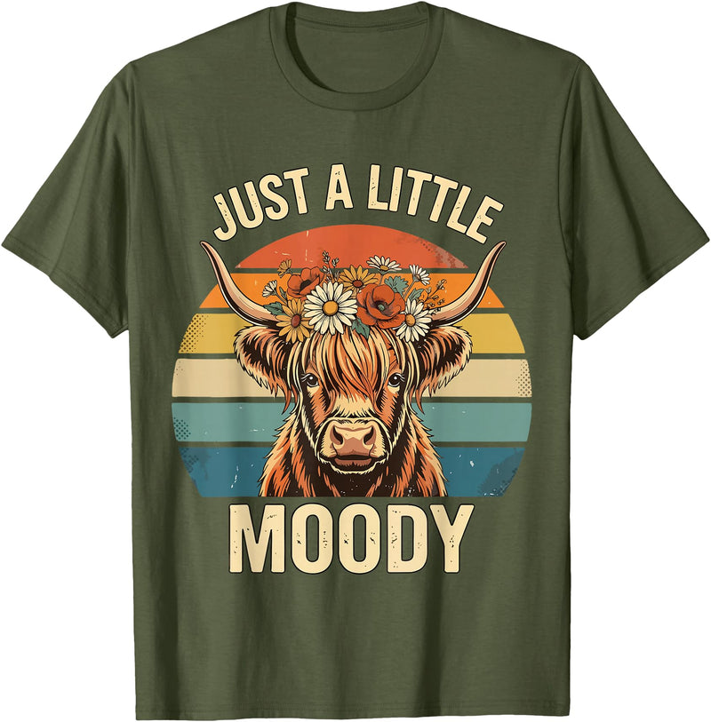 Just A Little Moody Funny Cow Tee Highland Cow Vintage Flower Funny Farm Farmer T-Shirt - Olive Green