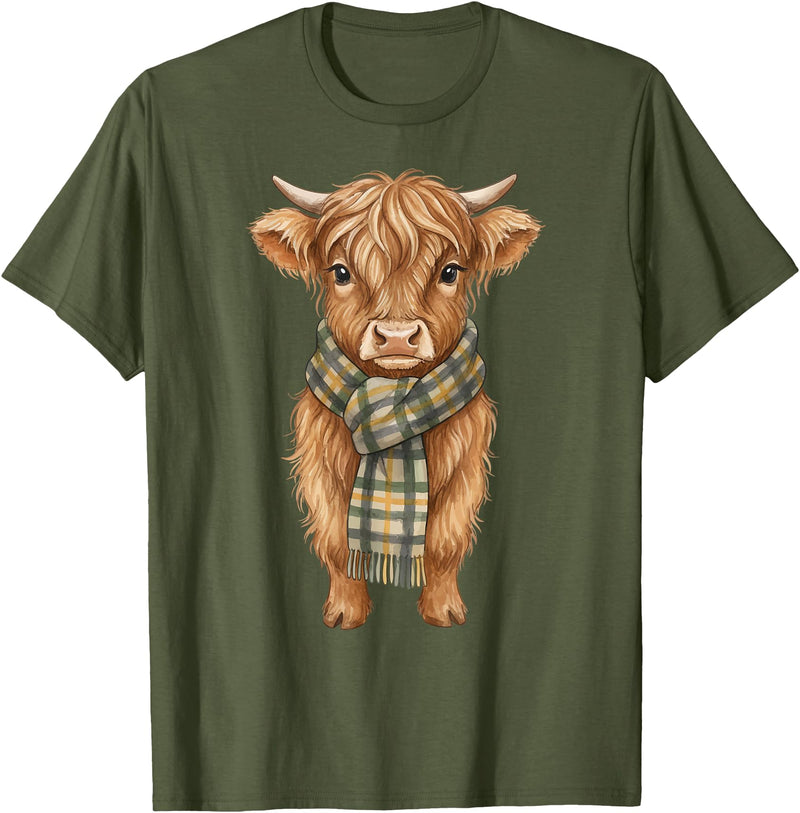 Farmer Cute Women Highland Cow Shirts Cozy Fall Autumn Highland Cow T-Shirt - Olive Green