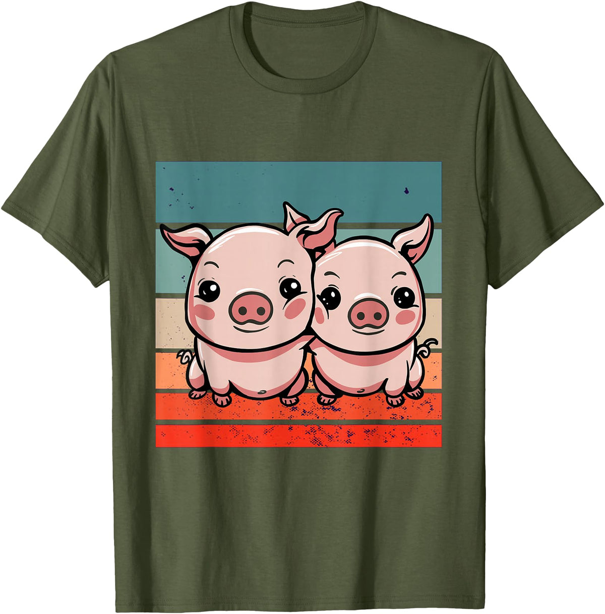 Cute Sibling Baby Little Pink Pig Sister Animal Pig Lovers T-Shirt - Olive Green