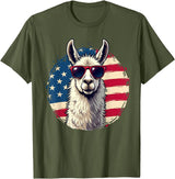 Funny Llama Alpaca Animal Lover Gifts Clothing Llama Alpaca American Flag USA Patriotic T-Shirt - Olive Green