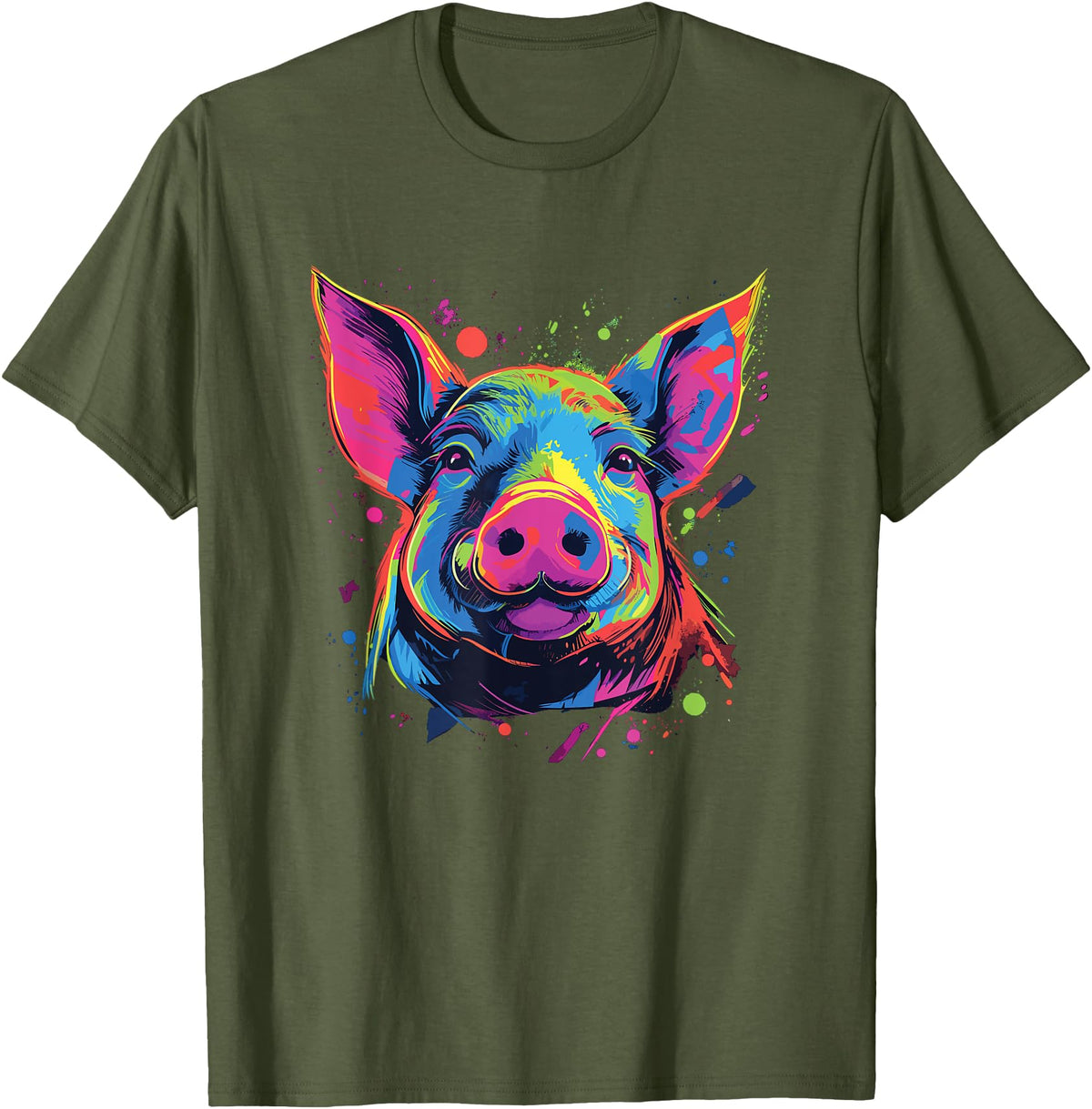 Retro Pig Poparts Tees Watercolor Colorful Pig T-Shirt - Olive Green