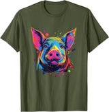 Retro Pig Poparts Tees Watercolor Colorful Pig T-Shirt - Olive Green